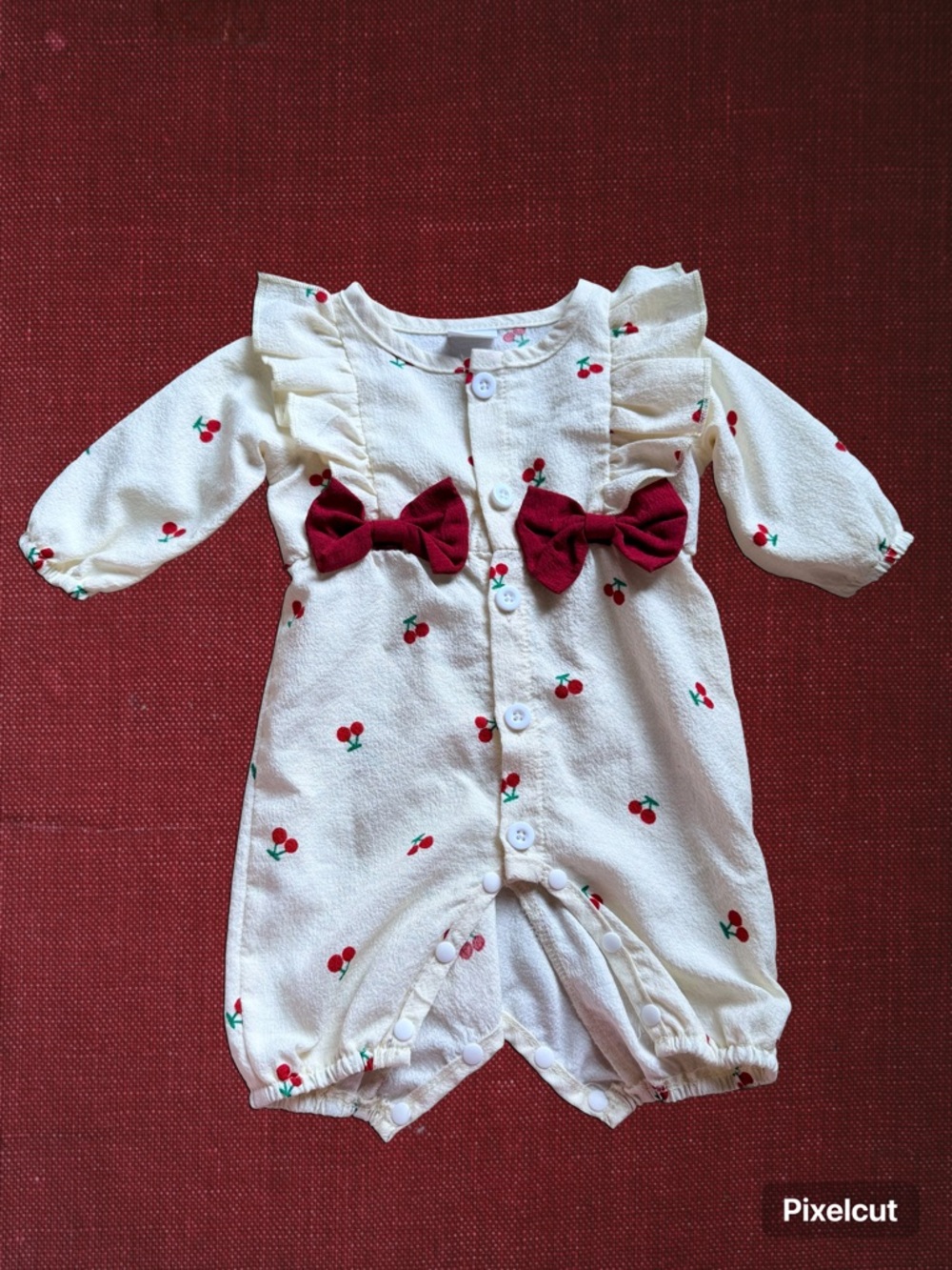 Cream Cherry Print Baby Romper with Burgundy Bows (polyester)